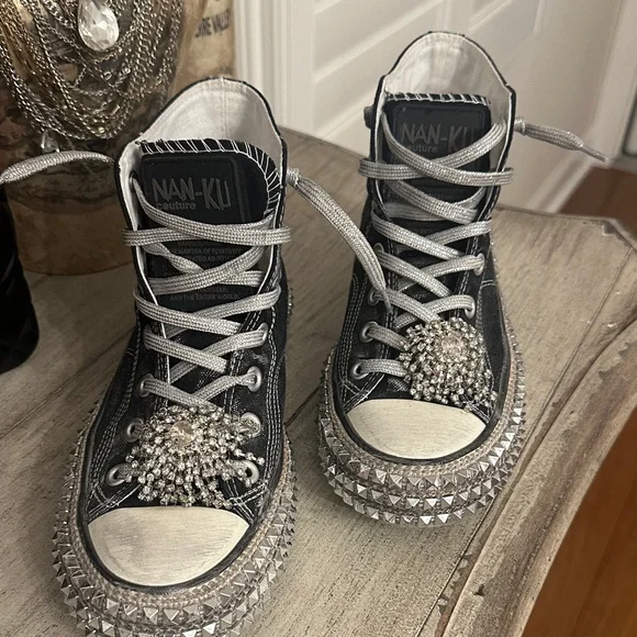 NAN-KU Black High-Top Crystal-Embellished Sneakers - Picture 2 of 9